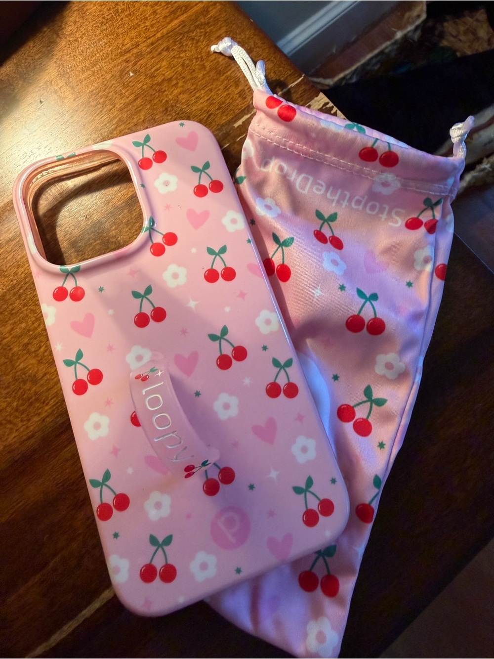 Loopy Case Pink Cherry Pattern iPhone Case with Matching Pouch